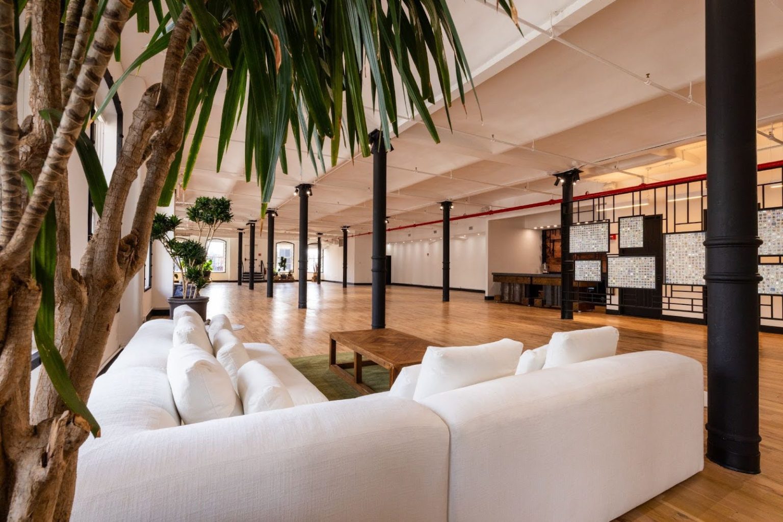 A spacious, modern interior featuring a white sectional sofa and plants in a loft-like setting.