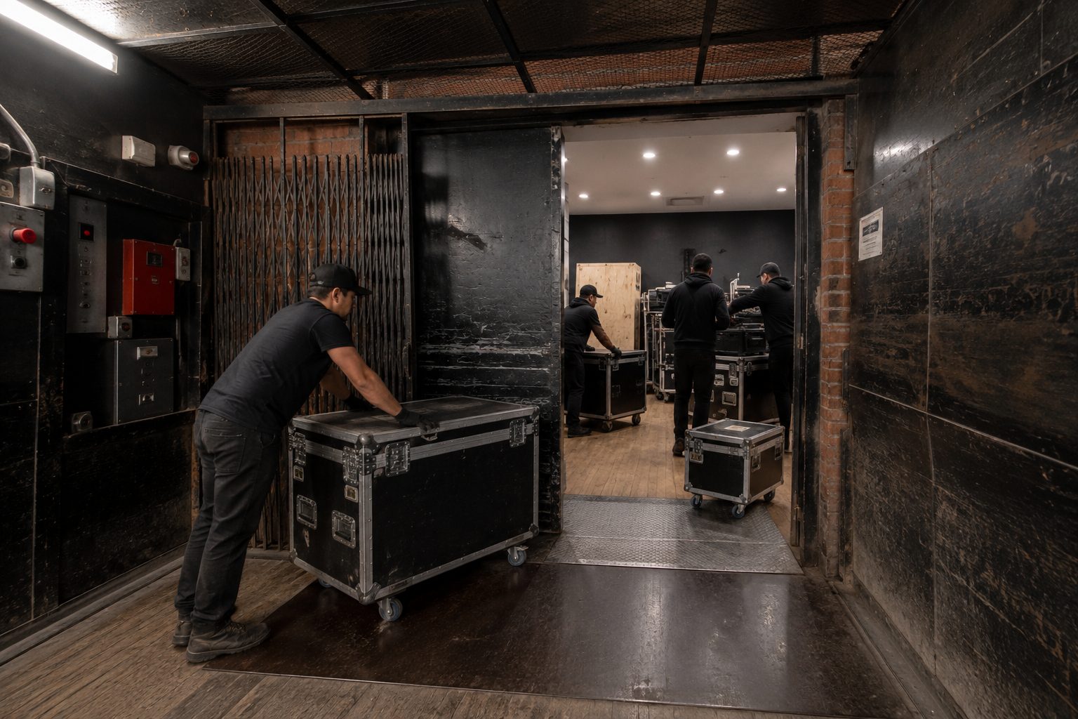 A team of workers handling equipment cases in a loading bay area.